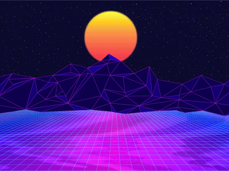 A neon wireframe sunset over a purple grid