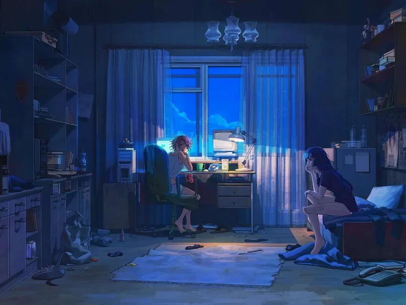 Two friends gaming at a desk by the window at night