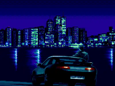 Pixel art of a sports car parked by a neon city at night