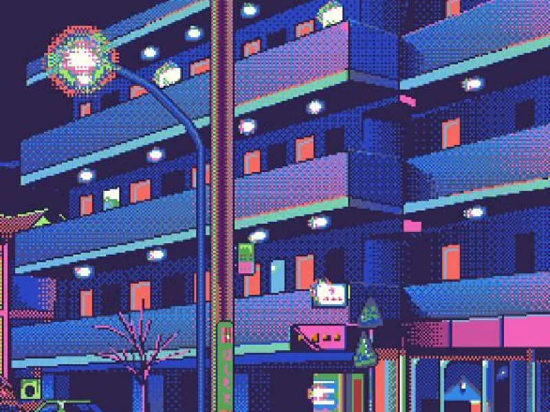 Pixel art apartment block glowing at night