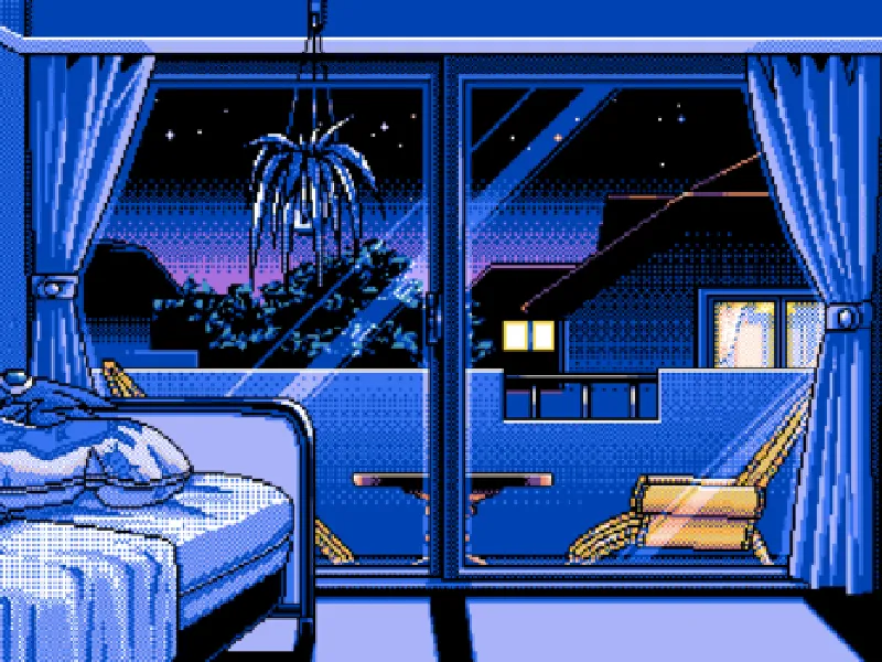 Pixel art bedroom with a palm tree outside the window