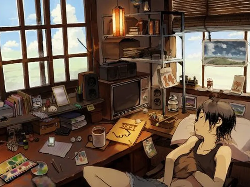 A cluttered sunny room with a stereo and plants